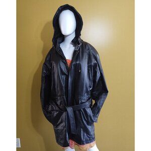 Vintage Ladies TDC Black Belted Leather Trench Coat XL